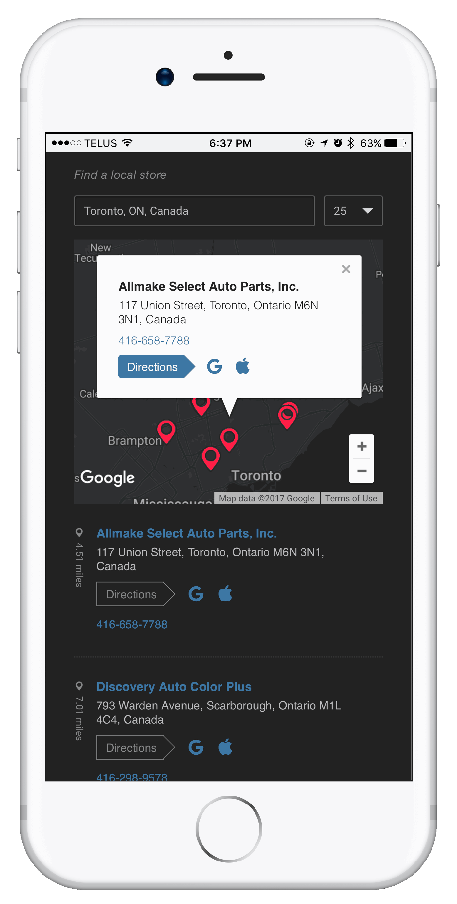 POR Products mobile store locator interface demonstrating responsive design