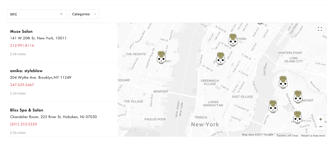 Amika salon locator featuring custom styling and branded icon markers