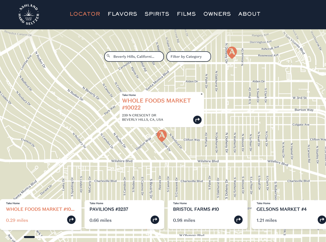 Ashland Hard Seltzer's full-screen store locator demonstrating location type filtering and custom map styling
