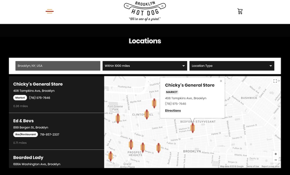 Brooklyn Hot Dog Company's store locator featuring custom branding and location type filtering