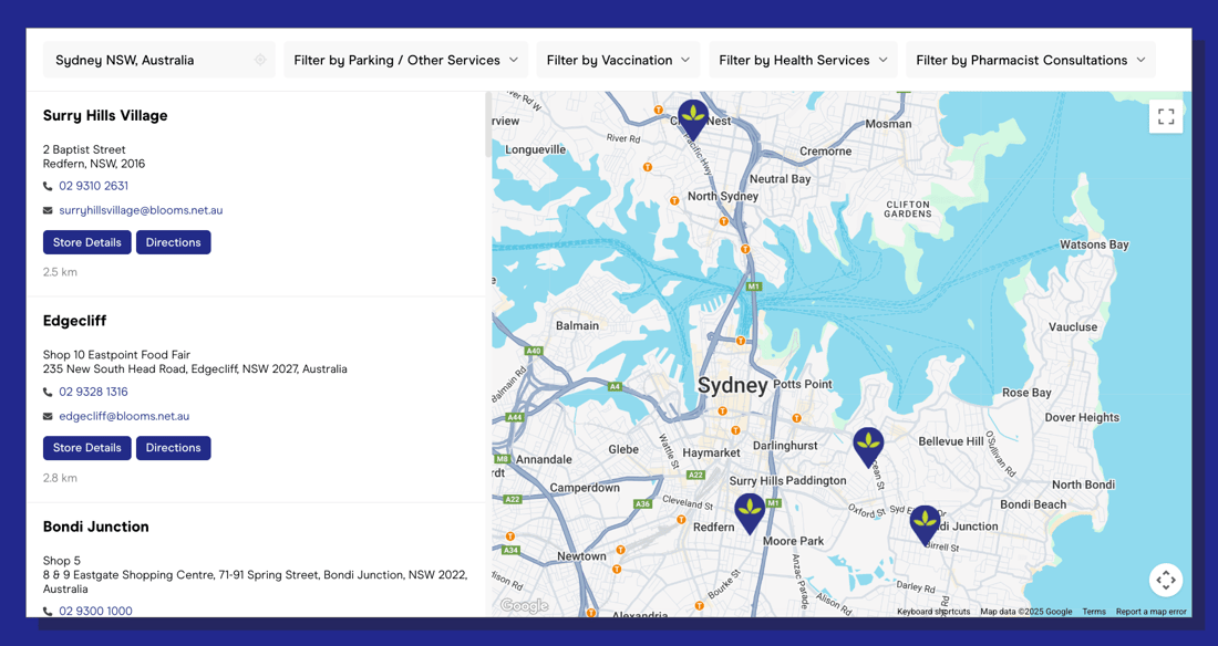 Blooms The Chemist pharmacy finder showing locations across Australia with filtering options and custom pharmacy markers