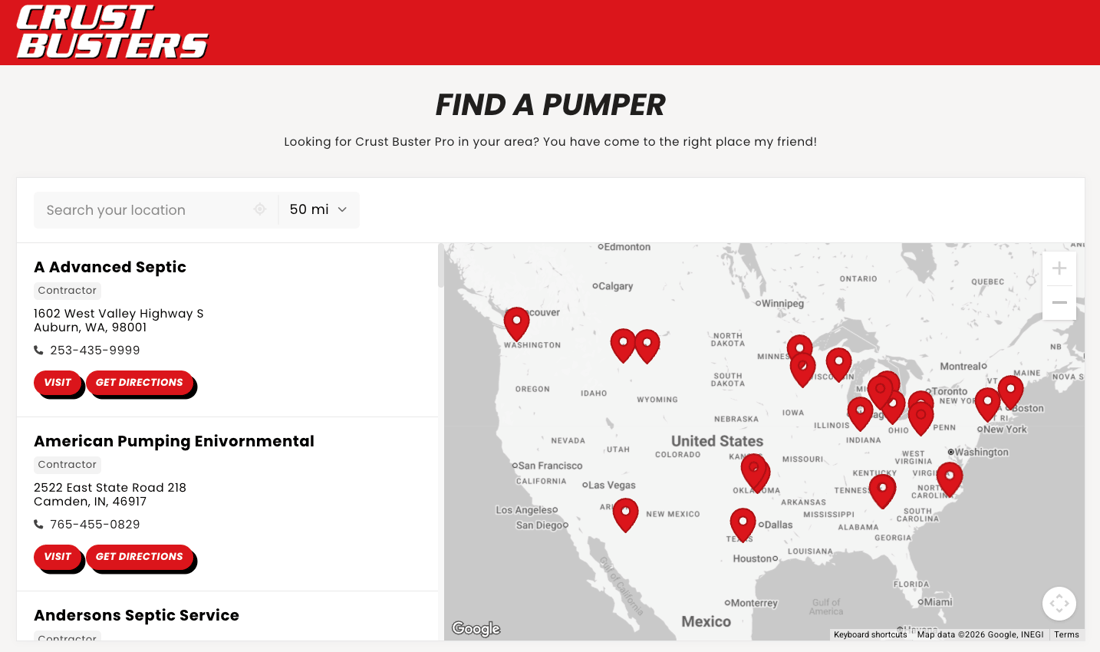 Crust Busters contractor locator helping customers find septic service professionals in their area