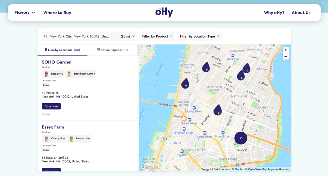 oHy's Storepoint where to buy locator showcasing brand-matched design and filtering capabilities