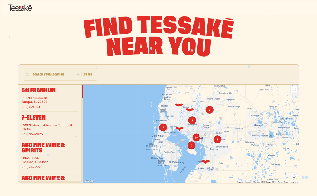 Tessaké store locator with distinctive cream and red brand-matched design, custom drop markers