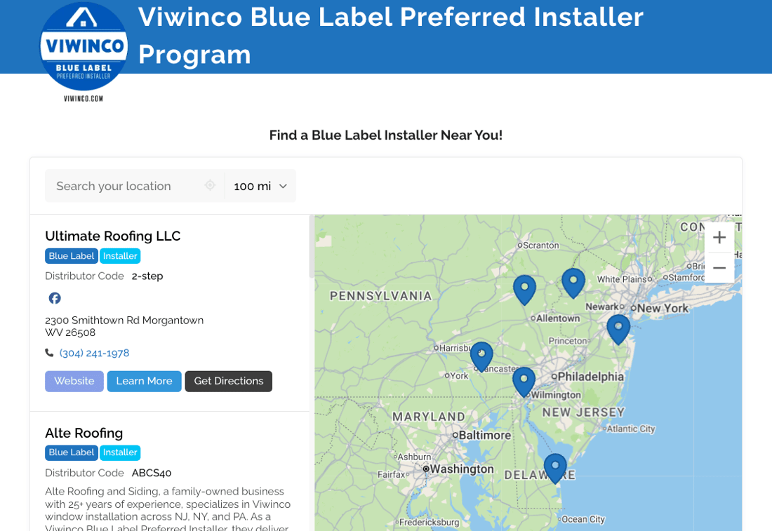 Viwinco Blue Label Preferred Installer Program locator showing pre-filtered certified installer locations