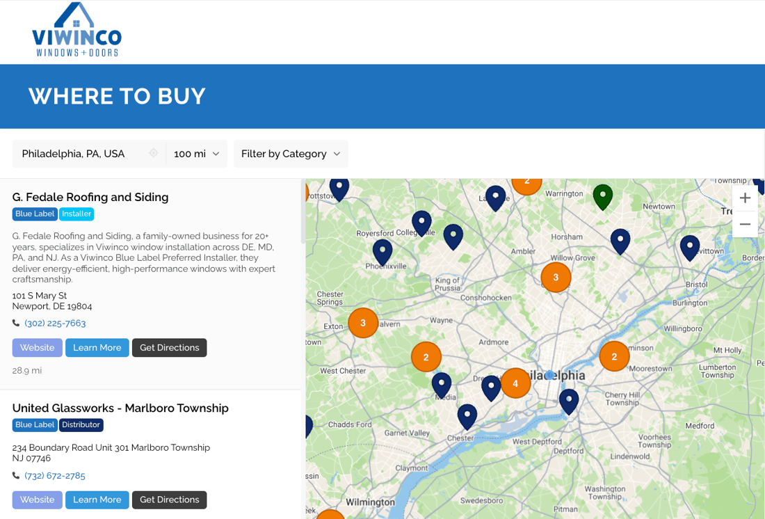Viwinco Windows dealer locator showing where to buy locations for window and door products