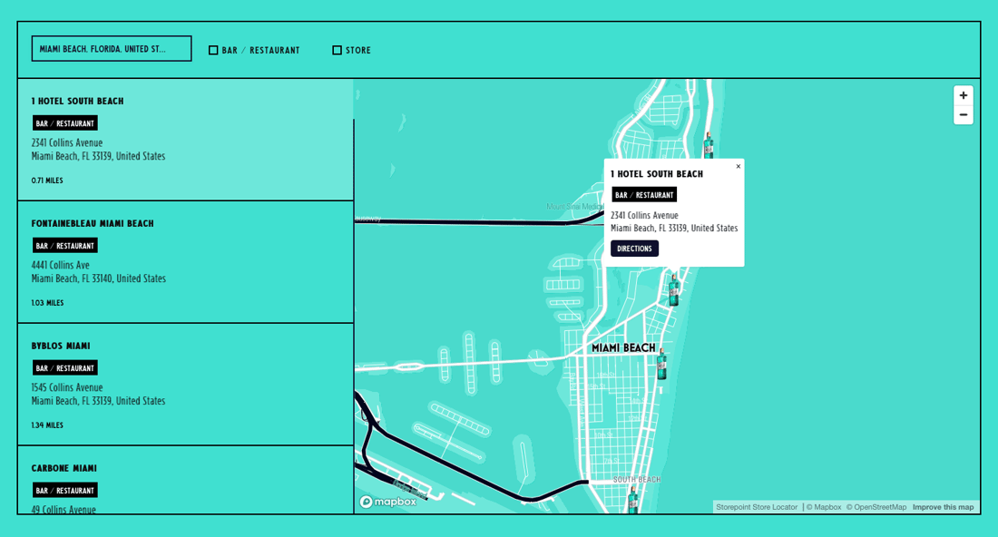 Mount Rigi's store locator featuring turquoise brand-matched design and location type filtering
