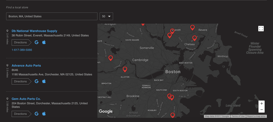 POR-15 dealer locator with dark theme and custom directions functionality