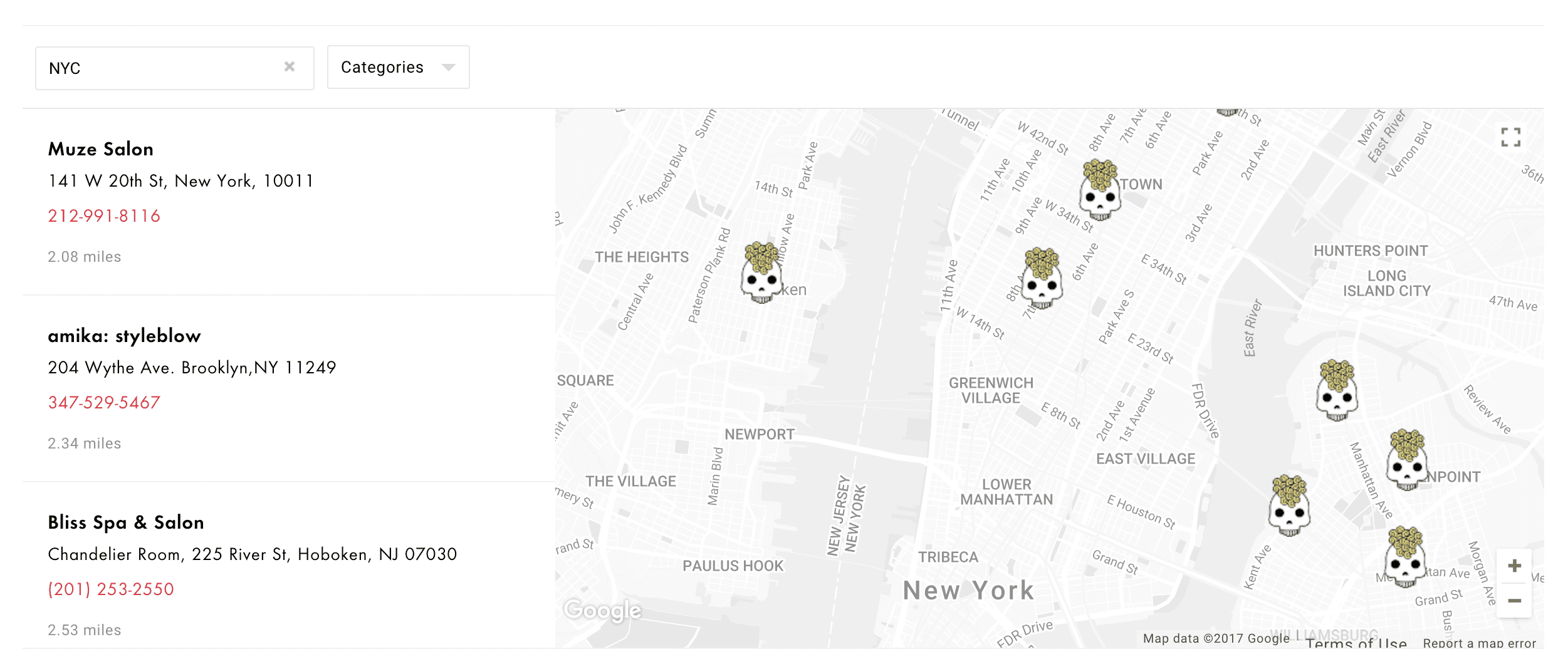 Amika salon locator powered by Storepoint featuring modern design and custom styling