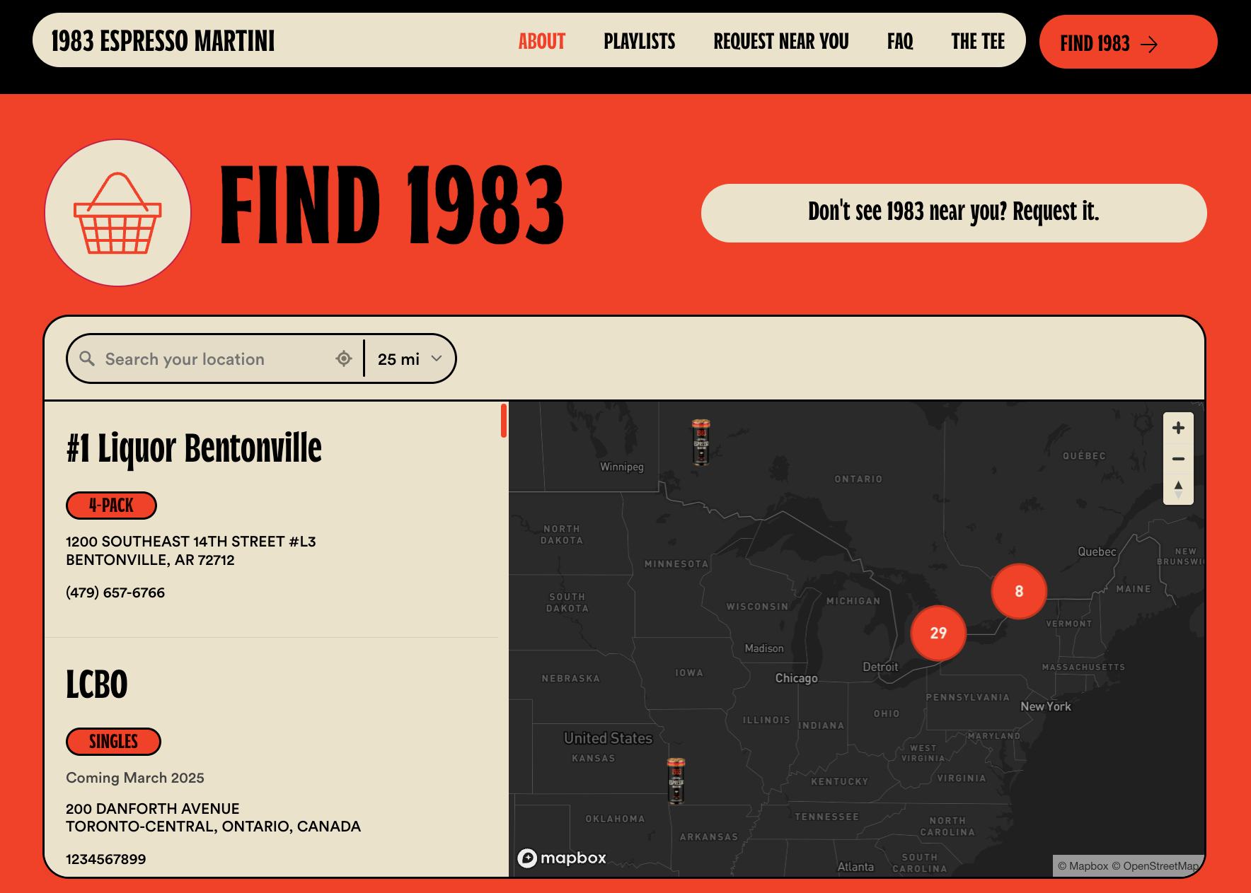1983 Espresso Martini's Storepoint store locator showcasing brand-matched design