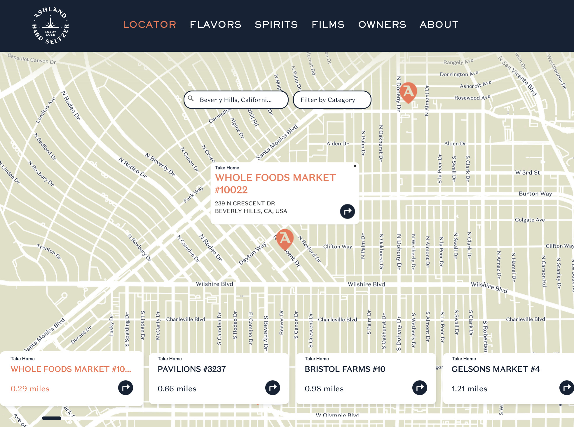 Ashland Hard Seltzer's full-screen Storepoint store locator demonstrating location type filtering and custom map styling