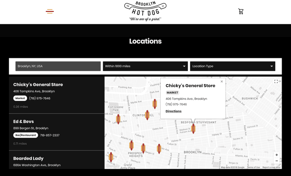 Brooklyn Hot Dog Company's Storepoint store locator featuring custom branding and location type filtering