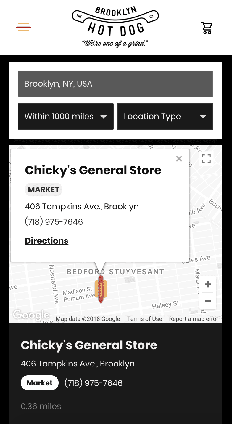 Brooklyn Hot Dog Company's mobile-responsive store locator interface built with Storepoint