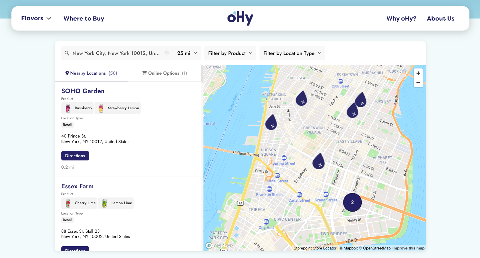 oHy's customized Storepoint where to buy/store locator showcasing brand-matched design and filtering capabilities