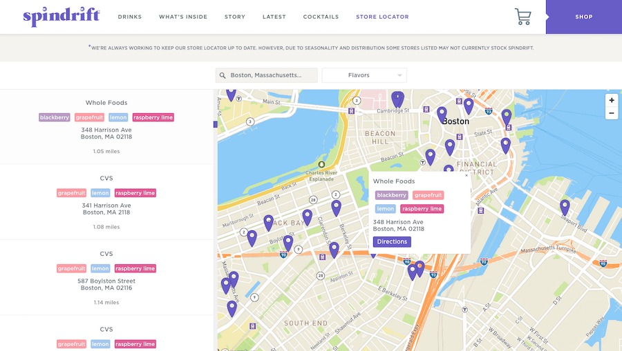 an example of a store locator built with storepoint. the store locator includes colored tags indicating the flavours/product stocked at each store. customers can filter the store locator by product as well.