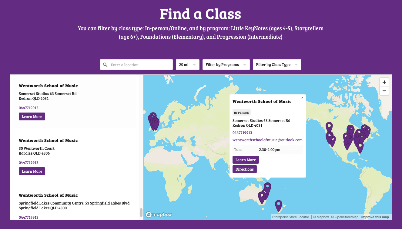 KeyNotes Music's Storepoint locator showcasing advanced multi-filter functionality for finding music schools