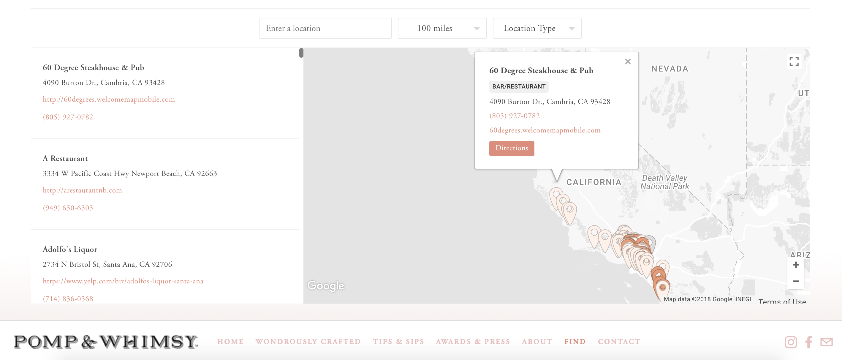 Pomp & Whimsy's Storepoint store locator with custom branding and location type filtering