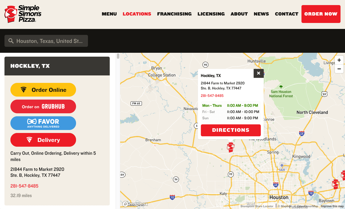 Simple Simon's Pizza franchise restaurant locator powered by Storepoint featuring location search and ordering options