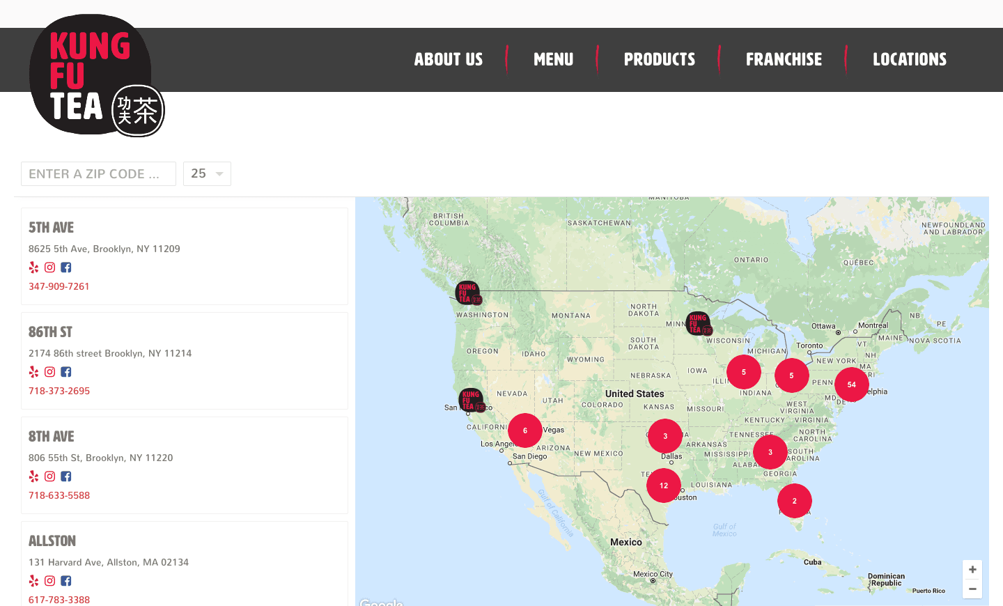 Kung Fu Tea store locator showing marker clustering and custom pin functionality