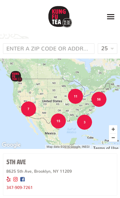 Kung Fu Tea mobile store locator interface with optimized cluster navigation