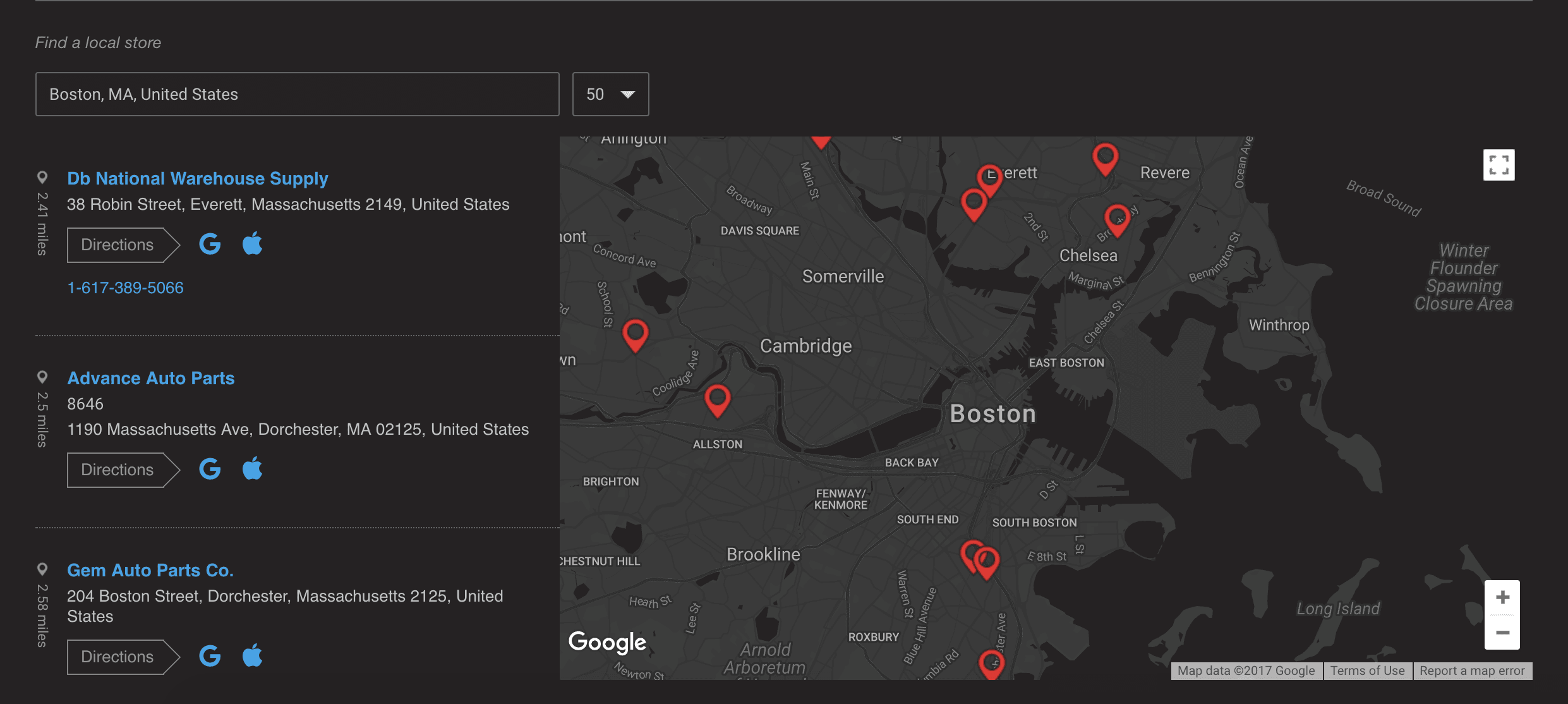 POR Products dealer locator map showing geolocation and custom directions functionality