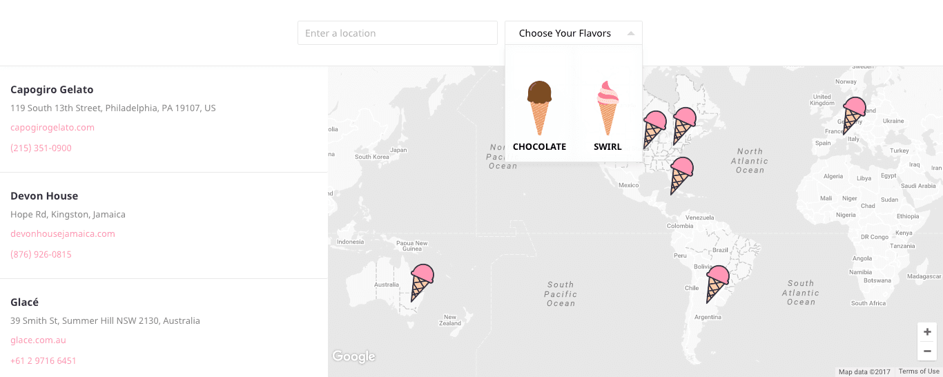 Storepoint demo locator showing product filtering with custom map styling and marker pins
